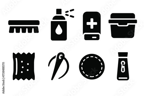 Stick Bag Toolkit Icons. Solid, filled icon set of stick bag maintenance: cleaning brush, waterproof spray, repair kit, storage box, desiccant pack, sewing
