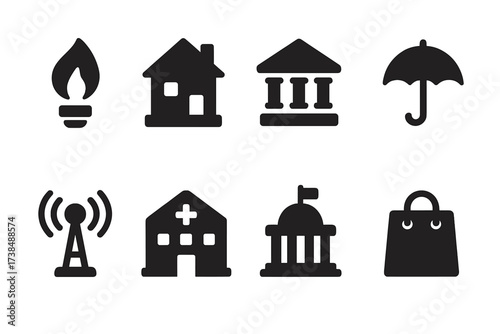 Bill Payers & Providers Icons. Solid, filled icon set of bill recipients and providers: utility company, landlord, bank, insurance, telecom,