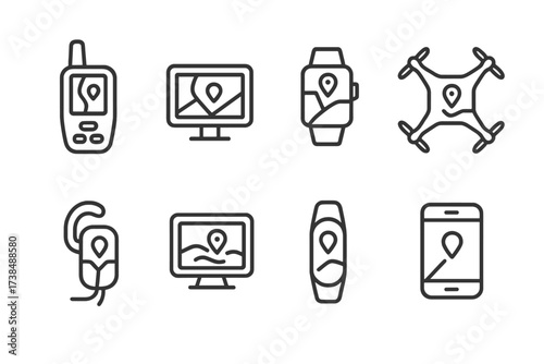 GPS Device Icons. Outline icon set of GPS devices: handheld GPS, car navigator, smartwatch GPS, drone GPS, bike GPS, marine GPS, fitness tracker, smartphone