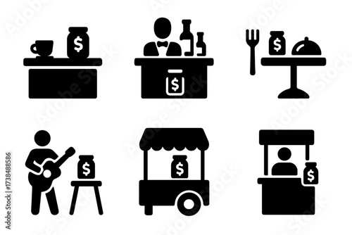 Tip Jar Icons. Solid, filled icon set of tip jar locations: coffee shop counter, bar, restaurant table, street performer, market stall, food truck, reception