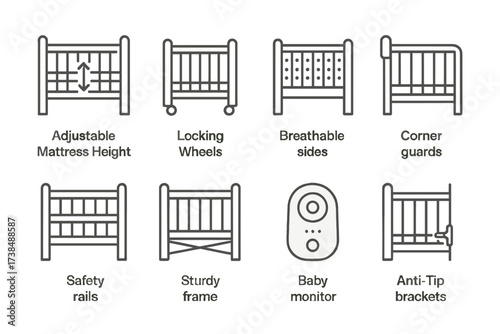Crib Safety Icons. Outline icon set of crib safety features: adjustable mattress height, locking wheels, breathable sides, corner guards, safety rails, sturdy