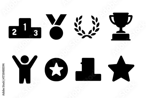 Black Award Icons. Solid, filled icon set of award podiums: 1st place step, 2nd place step, 3rd place step, medal icon, laurel wreath, trophy on podium,