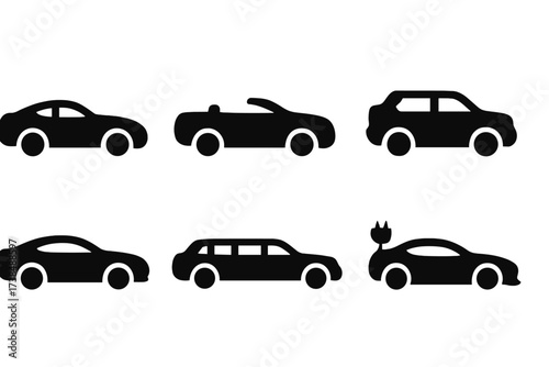 Luxury Car Icons. Solid, filled icon set of luxury car models: coupe, convertible, sedan, SUV, sports car, limousine, electric car, supercar. Solid, filled