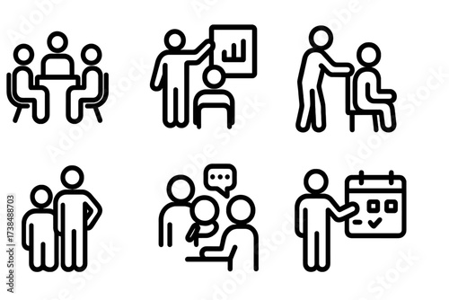 Staff Activity Icons. Solid, filled icon set of staff activities: meeting, training, reporting, assisting, supervising, inspecting, communicating, scheduling.