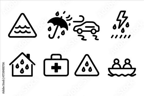 Rain Safety Icons. Solid, filled icon set of rain safety and warnings: flood sign, umbrella with wind, slippery road, lightning strike, waterproof shelter,