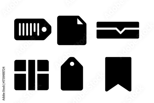 Shipping Icon Set. Solid, filled icon set of shipping banderol: barcode tag, adhesive label, security band, parcel sticker, wrapping strip, product tag, sealed