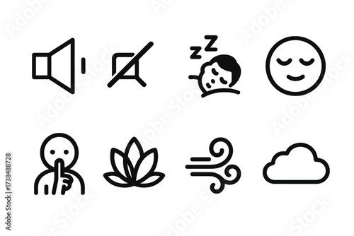 Quiet Icon Set. Solid, filled icon set of quiet and silence: mute speaker, crossed-out sound, sleeping person, calm face, silence sign, zen symbol, soft