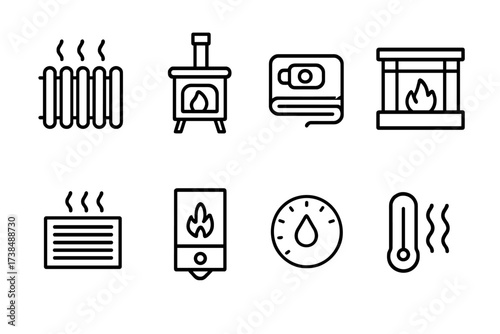 Home Heating Icons. Outline icon set of home heating: radiator panel, wood stove, electric blanket, fireplace mantel, heater vent, gas furnace, thermostat