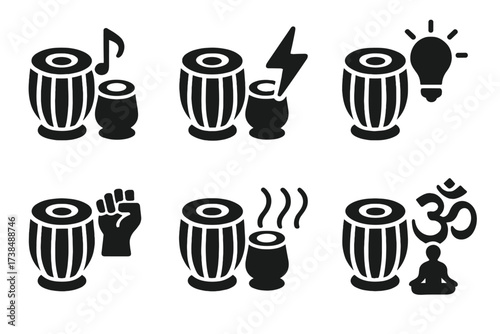 Tabla Emotions Icons. Solid, filled icon set of tabla emotions and symbolism: rhythm, energy, passion, creativity, power, flow, spirituality, tradition. Solid,