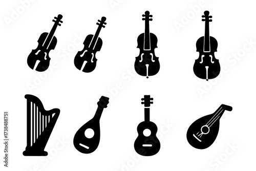 Classical String Icons Grid. Solid, filled icon set of classical string instruments: violin, viola, cello, double bass, harp, mandolin, classical guitar, lute.