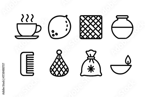 Sri Lankan Icon Set. Outline icon set of Sri Lankan daily life: tea cup, coconut, woven mat, clay pot, sandalwood comb, fishing net, spice bag, oil lamp. Line