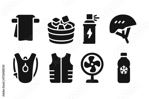 Cooling Sports Gear Icons. Solid, filled icon set of cooling sports gear: cooling towel, ice bath, cold spray, ventilation helmet, hydration pack, cooling