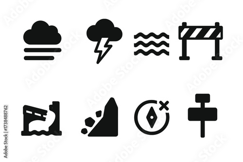 Navigation Hazard Icons. Solid, filled icon set of navigation hazards: fog, storm cloud, rough sea, roadblock, broken bridge, landslide, compass error, dead