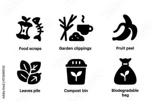 Organic Waste Icons. Solid, filled icon set of organic waste: food scraps, garden clippings, coffee grounds, fruit peel, leaves pile, compost bin, manure,