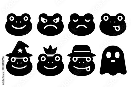 Cartoon Toad Icons. Solid, filled icon set of cartoon toads: smiling toad, angry toad, sleepy toad, silly toad, wizard toad, tiny crown toad, explorer toad,