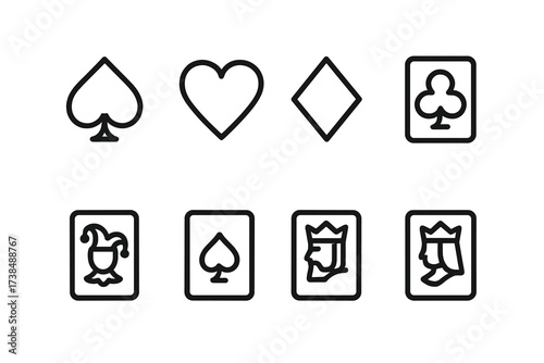 Blackjack Suits Icons. Outline icon set of blackjack card suits: spade, heart, diamond, club, joker, ace, king, queen. Line icons in only black