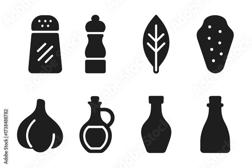 Boiled Bean Seasoning Icons. Solid, filled icon set of boiled bean seasoning: salt shaker, pepper grinder, bay leaf, paprika, cumin, garlic clove, olive oil