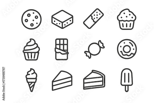 Sweet Treat Icons. Sweet treats. Line icon set of sweet treats: cookie, brownie, granola bar, muffin, cupcake, chocolate bar, candy, doughnut, ice cream cone,