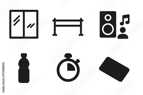 Dance Rehearsal Icons. Solid, filled icon set of dance rehearsal room: wall mirror, ballet bar, practice floor, sound system, instructor figure, water bottle,