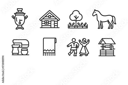 Belarusian Icon Outline. Outline icon set of Belarusian food: draniki pancakes, kvass bottle, rye bread, borscht soup, salo (pork fat), mushroom basket, honey