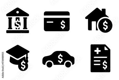 Debt Type Icons. Solid, filled icon set of debt types by source: bank loan, credit card, payday loan, mortgage, student loan, auto loan, business loan, medical