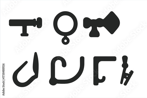 Curtain Accessories Icons. Solid, filled icon set of curtain accessories: curtain rod, curtain ring, tieback, finial, curtain hook, holdback, bracket, curtain