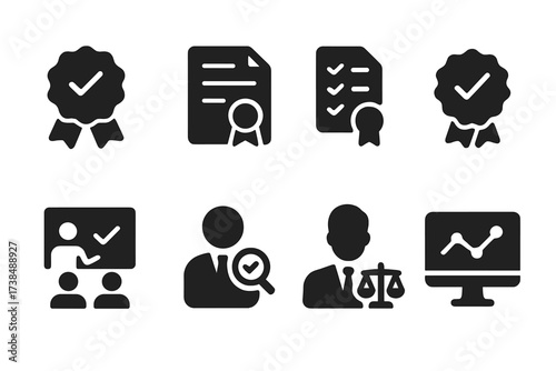 Regulatory Compliance Icons. Solid, filled icon set of regulatory compliance: approval badge, compliance certificate, checklist, seal, training, audit, legal