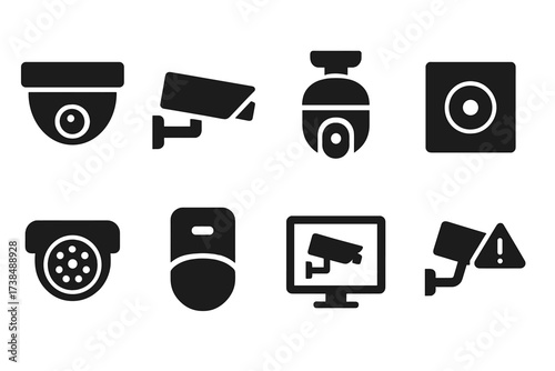 Surveillance Camera Icons. Solid, filled icon set of surveillance cameras: dome camera, bullet camera, PTZ camera, hidden cam, night vision cam, motion sensor,