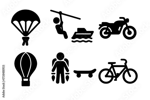 Escape Methods Icons. Solid, filled icon set of escape methods: parachute, zipline, boat, motorcycle, hot air balloon, jetpack, skateboard, bicycle. [Solid,