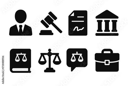 Legal Icons Set. Solid, filled icon set of legal help: lawyer, gavel, contract, courthouse, law book, scales of justice, legal advice, briefcase. [Line icons