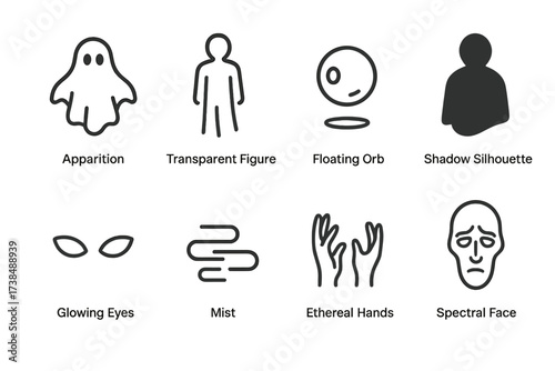 Mystical Icon Set. Outline icon set of ghostly manifestations: apparition, transparent figure, floating orb, shadow silhouette, glowing eyes, mist, ethereal