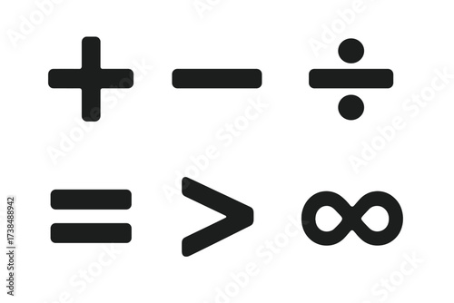 Mathematical Symbols Grid. Solid, filled icon set of mathematical symbols: plus, minus, multiplication, division, equal, greater than, less than, infinity.