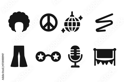 Funk Icon Set. Solid, filled icon set of funk cultural elements: afro hairstyle, peace sign, disco ball, neon lights, bell bottoms, funky glasses, retro