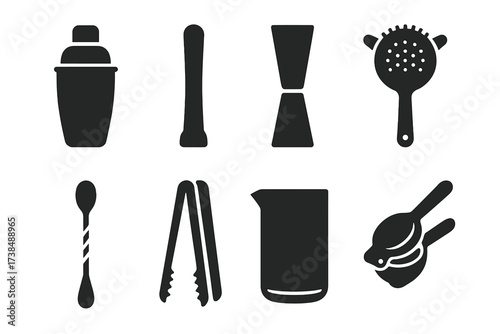 Mojito Tools Icons. Solid, filled icon set of mojito preparation tools: cocktail shaker, muddler, jigger, strainer, bar spoon, ice tongs, mixing glass, citrus