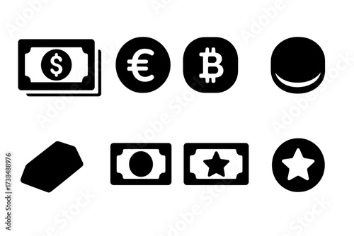 Currency Icons Grid. Solid, filled icon set of currency types: cash dollar, digital euro, crypto bitcoin, silver coin, gold bar, local note, rare bill,