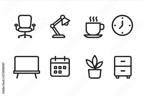 Command Center Icons. Outline icon set of command center environment: office chair, desk lamp, coffee cup, clock, whiteboard, calendar, plant, filing cabinet.
