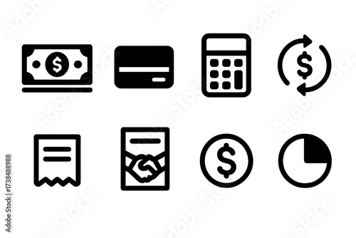Financial Icon Set. Solid, filled icon set of financial settlement: banknote stack, credit card, calculator, money transfer, receipt, agreement document,