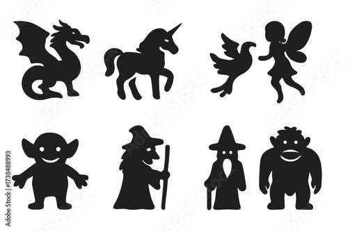Magical Creature Icons. Solid, filled icon set of magical creatures: dragon, unicorn, phoenix, fairy, goblin, witch, wizard, troll. Solid, filled icons in only