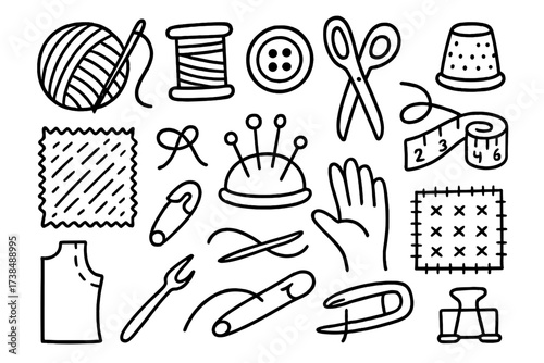 Sewing Tools Doodles. Hand-drawn doodle illustration Sewing buttons needle, thread spool, button, scissors, thimble, fabric piece, pincushion, measuring tape,