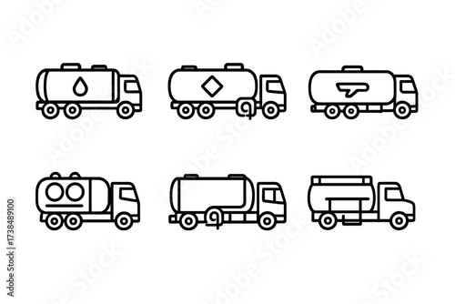 Fuel Truck Icons. Outline icon set of fuel truck types: diesel tanker, gasoline tanker, aviation fuel truck, LPG tanker, bulk fuel truck, mobile refueler,