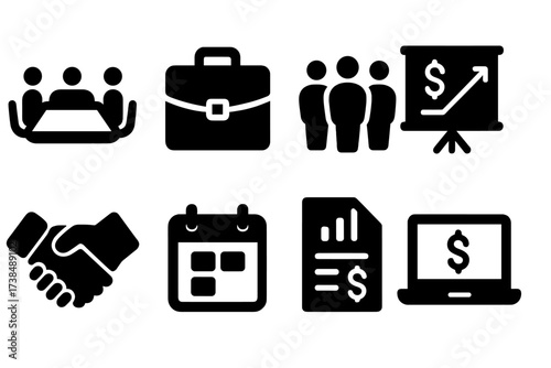 Bank Meeting Icons. Solid, filled icon set of bank meeting: conference table, briefcase, business people, presentation board, handshake, calendar, financial