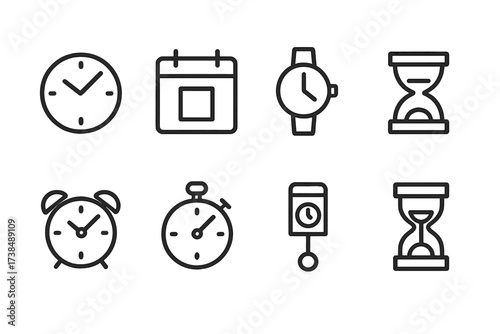 Timekeeping Icon Set. Outline icon set of time keeping: clock face, calendar page, wristwatch, hourglass, alarm, stopwatch, pendulum, sand timer. Line icons in