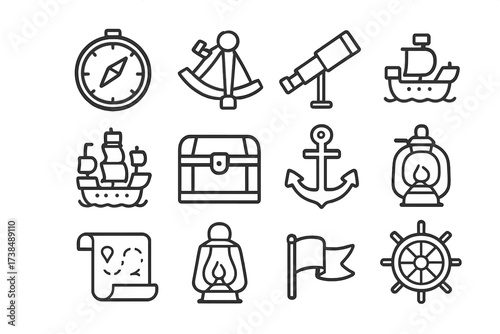Exploration Icon Set. Exploration age. Line icon set of exploration age: compass, sextant, telescope, sailing ship, treasure chest, anchor, globe, spyglass,