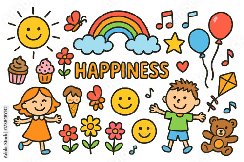 Joyful Children's Doodle. Happiness. Colorful Hand-drawn doodle Children illustration sunshine, rainbow, clouds, flowers, butterfly, smiling face, ice cream