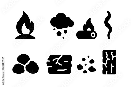 Fire Decay Icons. Solid, filled icon set of fire decay: ember heat, ash cloud, smoldering log, cooled coals, smoke wisp, burnt wood, fire residue, charred