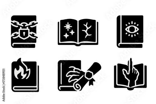 Forbidden Grimoires Icons. Solid, filled icon set of forbidden grimoires: chained book, glowing runes, cracked tome, eye-covered cover, burning page, clawed