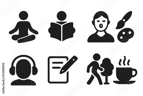 Calm Activity Icons. Solid, filled icon set of calm activities: yoga, reading, deep breathing, painting, listening to music, journaling, walking in nature, tea
