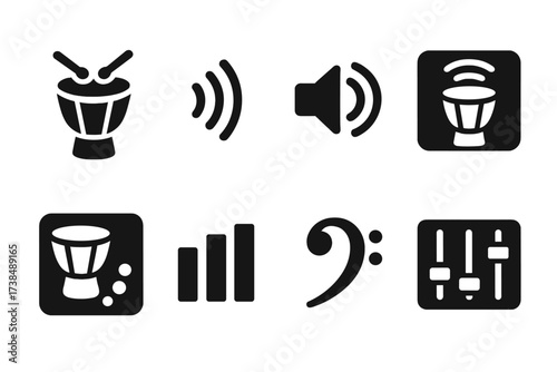 Hand Drum Sound Icons. Solid, filled icon set of hand drum sound and effects: sound wave, volume control, reverb, echo, equalizer, bass boost, audio mixer,