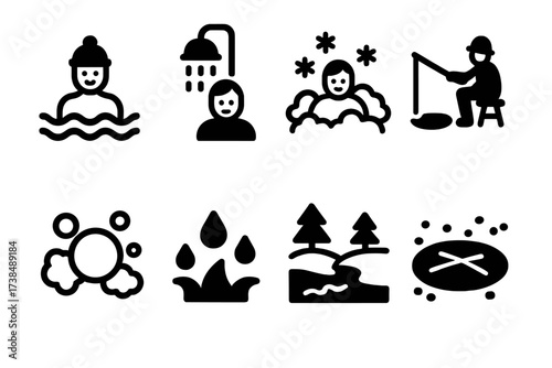 Cold Water Activity Icons. Solid, filled icon set of cold water activities: ice swimming, cold shower, snow bath, ice fishing, snowball, cold water splash,