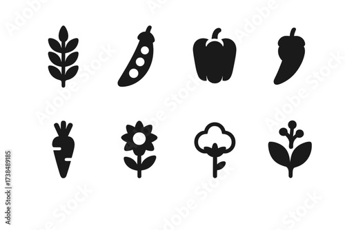 Crop Icon Set. Solid, filled icon set of crop types: cereal, legume, root vegetable, fruit vegetable, oilseed, fiber crop, forage crop, medicinal plant. [Line